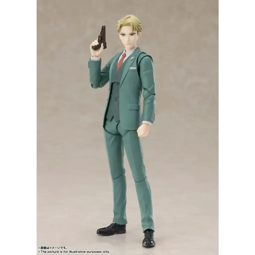 Loid Forger S.H.Figuarts-figur: Grön tredelad kostym, blont hår, röd slips, svart pistol