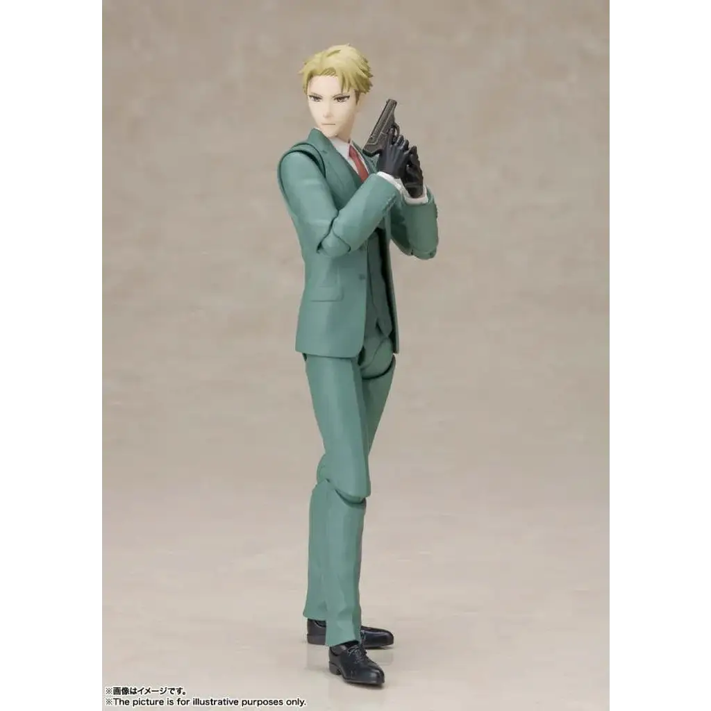 Detaljerad S.H.Figuarts-actionfigur av Loid Forger från Spy x Family i teal kostym med svart pistol