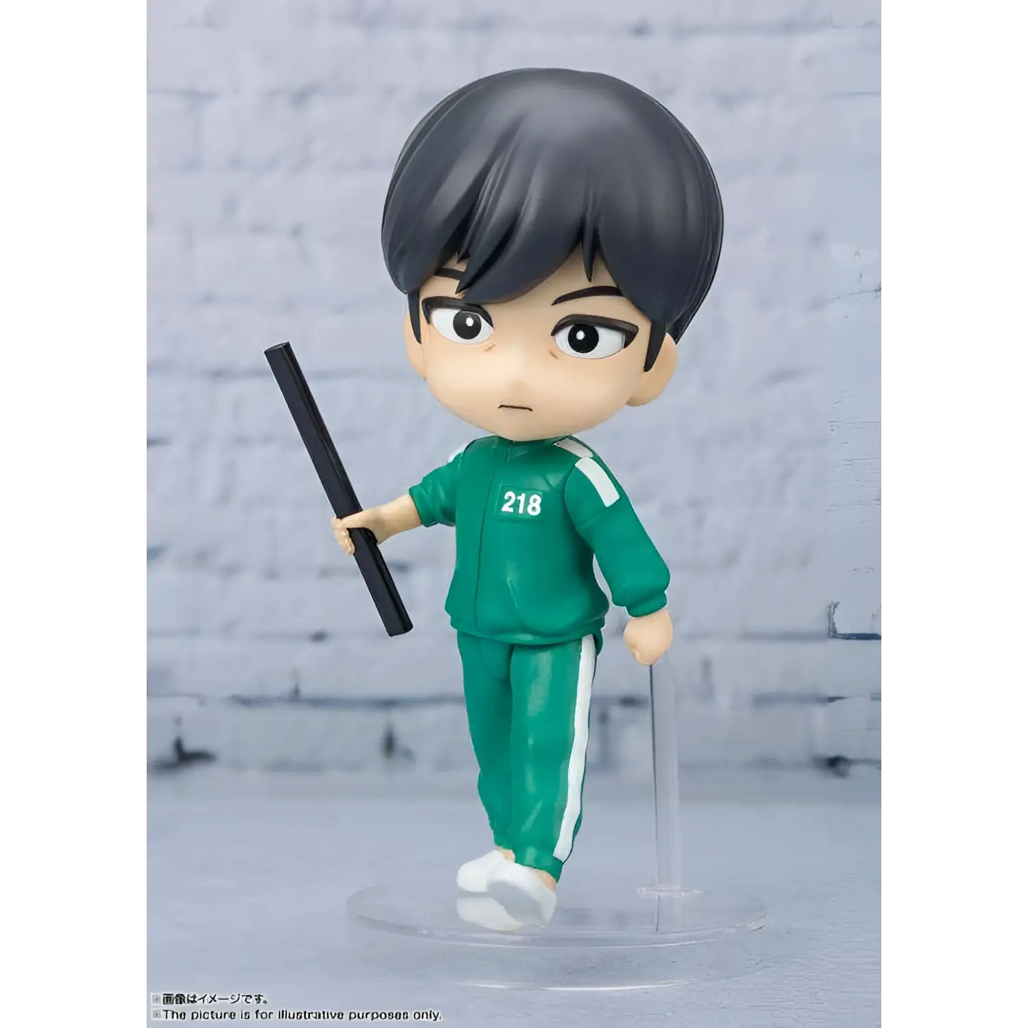 Grön Squid Game Cho Sang-woo Figuarts Mini-figur med vit randig träningsoverall och nummer 218