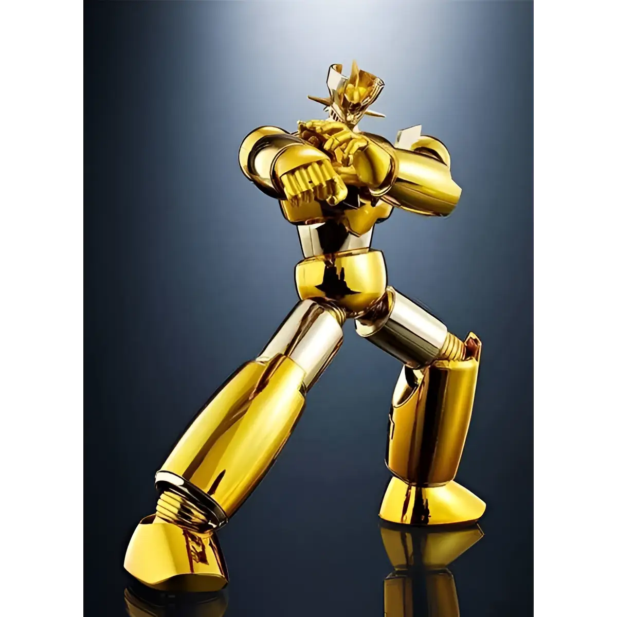 Guldmetallic robotfigur Src Shin Mazinger Z Gold Ver med reflekterande yta och ledade leder