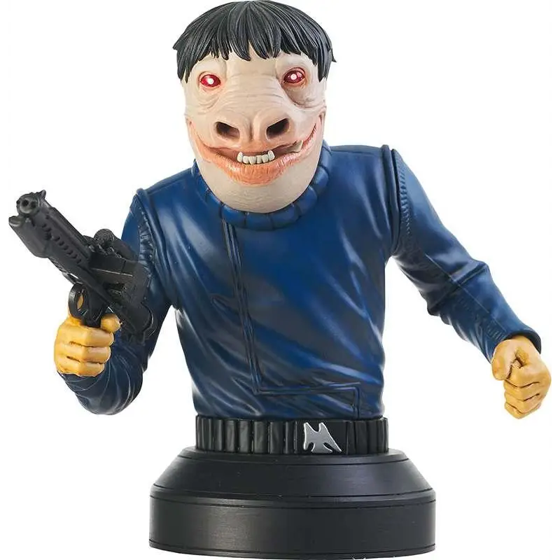 Star Wars Blue Snaggletooth 1/6 byst med blå läderjacka, röda ögon och guldhänder som håller svart blasterpistol