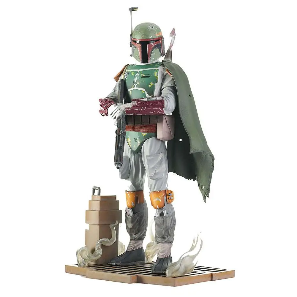 Boba Fett-statyn från Star Wars Episod 6 i grön-grå rustning med röd-vit hjälm