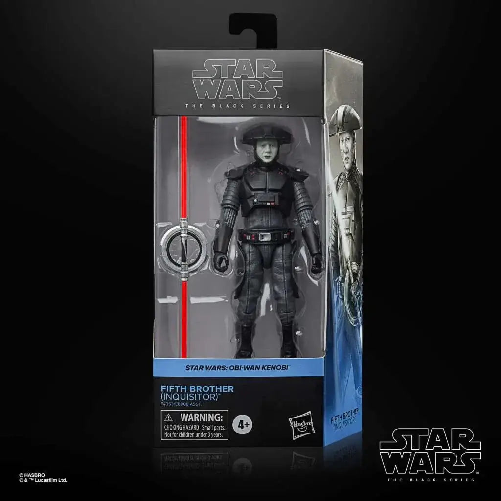 Svart rustad actionfigur av Fifth Brother-inquisitorn från Star Wars: The Black Series med rött lightsaber