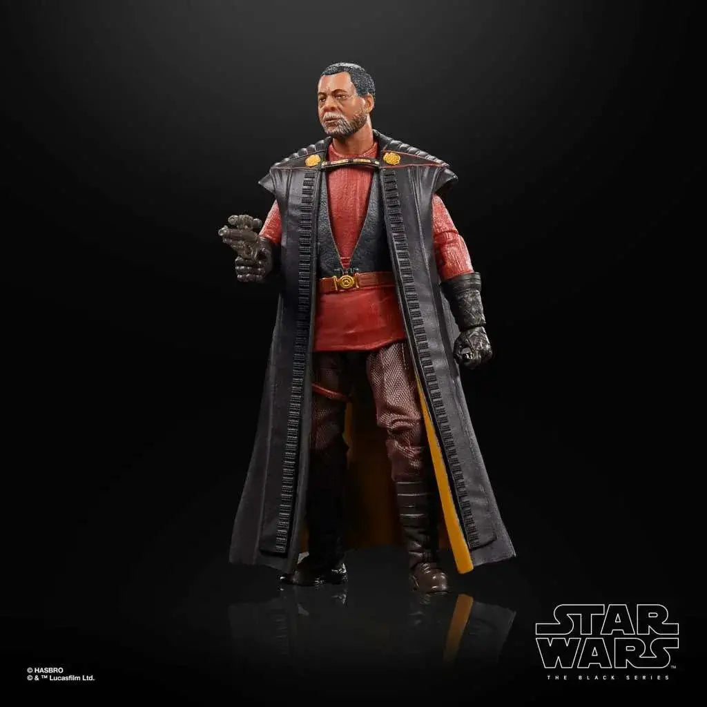 Svart och röd Star Wars The Black Series-figur av Greef Karga i detaljerad rustning med gulddetaljer