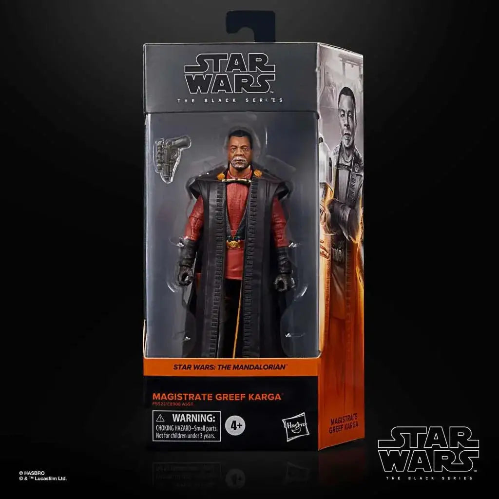 Star Wars The Black Series Greef Karga actionfigur i svart-orange förpackning