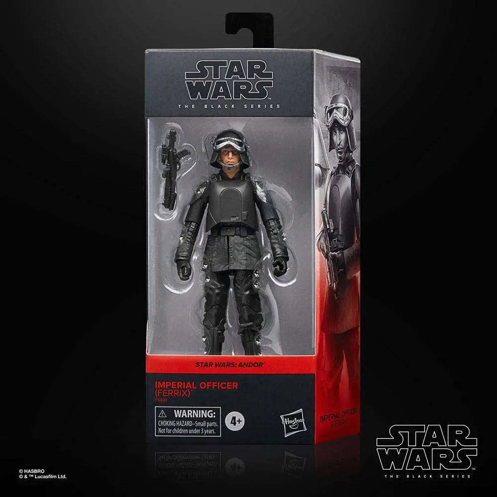 Star Wars Imperial Officer Ferrix Deluxe Action Figure i svart plast med detaljerad rustning och röd kantad hjälm i The Black Series-förpackning