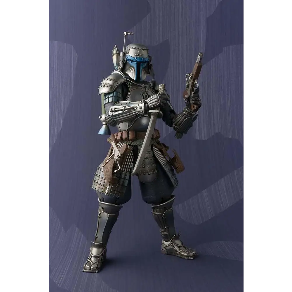 Silverblå rustad Mandalorian-figur som Jango Fett Ronin AF med blå visor, blaster och svärd