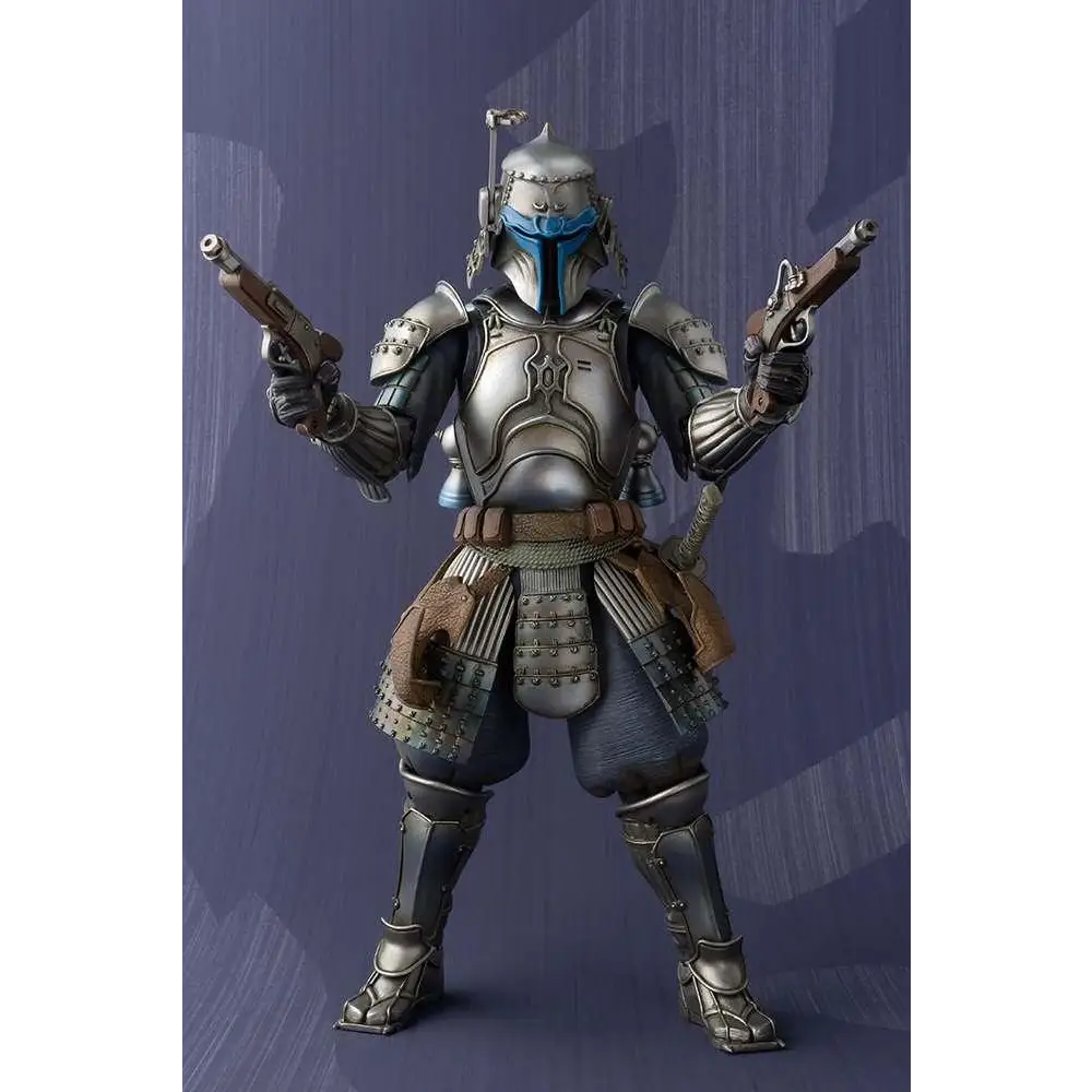 Silvrig och blå Mandalorian rustning med detaljerad metallplätering, brun läderaccent och dubbla pistoler i Jango Fett Ronin AF