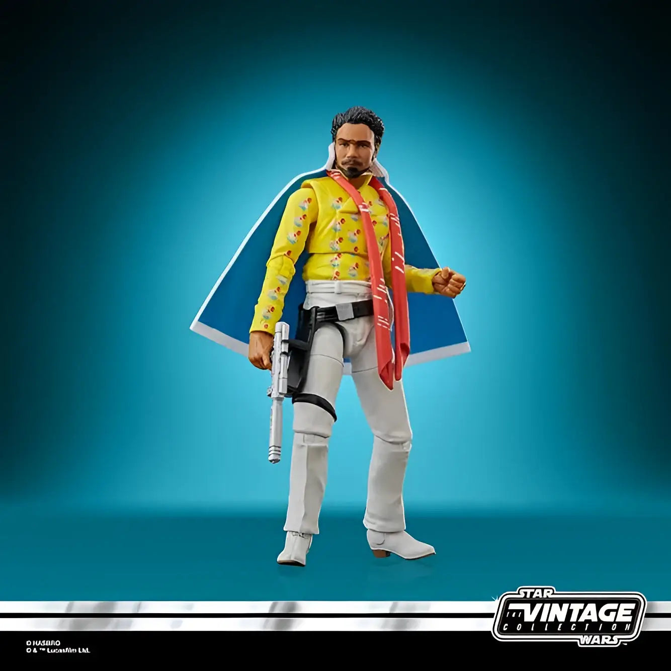 Lando Calrissian actionfigur med gul blommig skjorta, blå mantel och röd schal