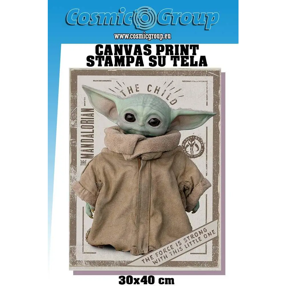Plush Grogu-figur från Star Wars: The Mandalorian i ljusgrön färg med tan huva och fuzzy trim på canvastryck 30x40 cm