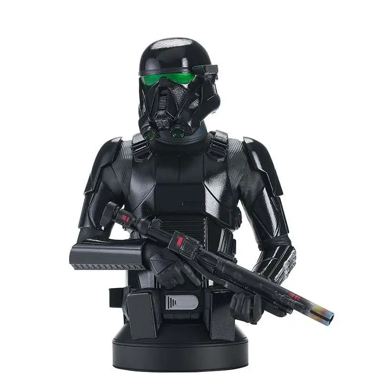 Svart Star Wars imperial scout trooper-byst med grön visir och detaljerad rustning, håller blastergevär