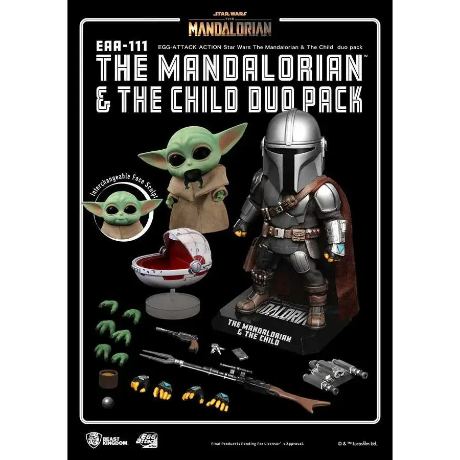 Svärdsvart Mandalorian-actionfigur med röd mantel på Star Wars-display