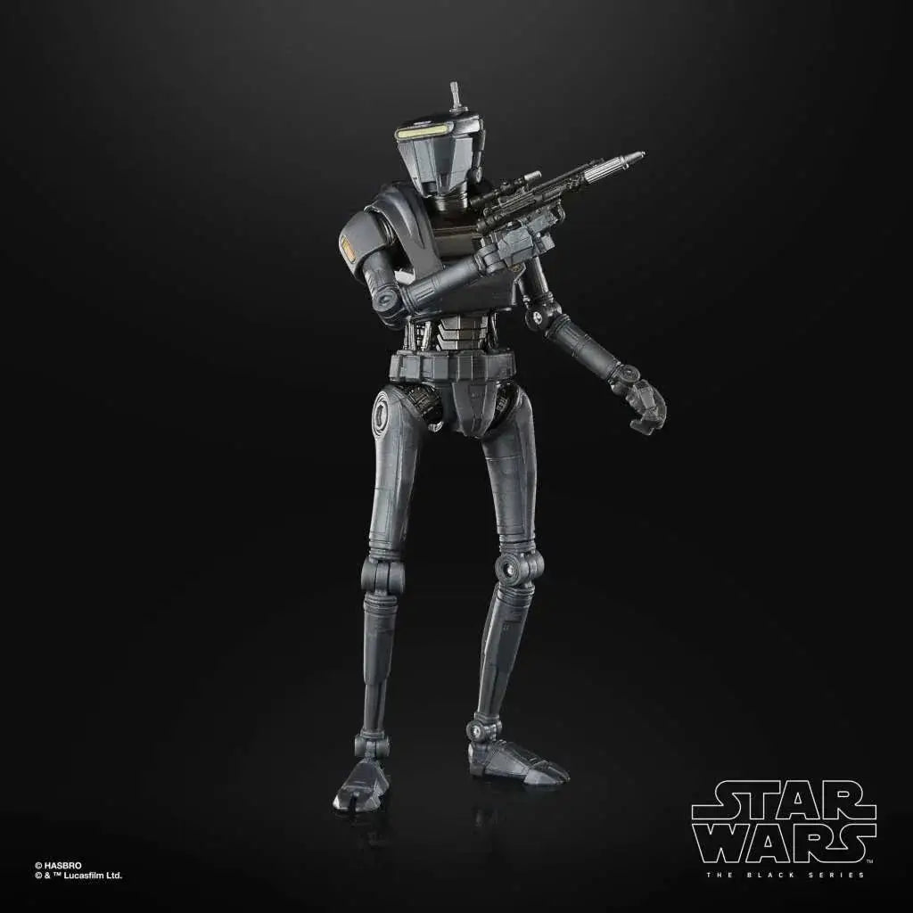 Svart och grå pansrad New Republic Security Droid från Star Wars The Black Series med blastergevär