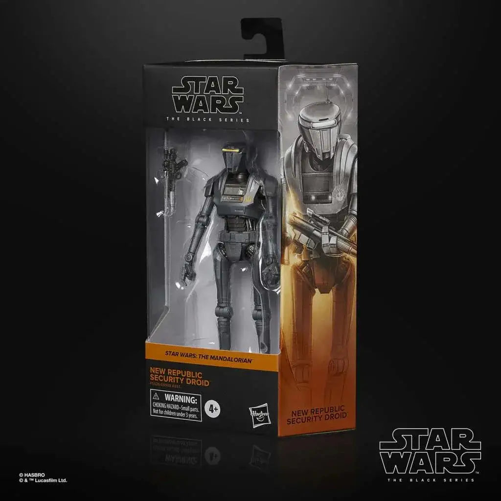 Ny republikens säkerhetsdroid actionfigur i svart och silver från Star Wars The Black Series i Hasbro-förpackning