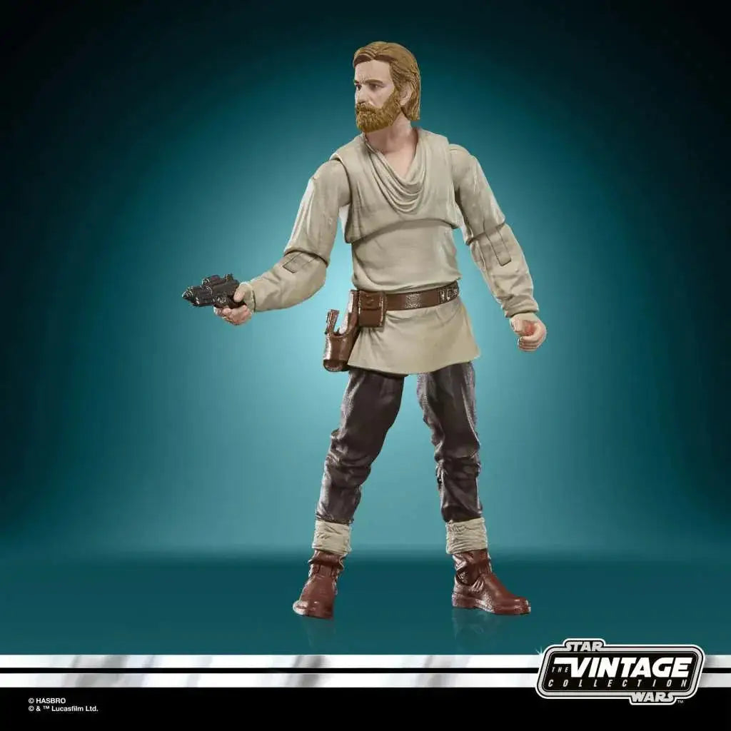 Vintage Obi-Wan Kenobi figur i beige och brun, med blaster