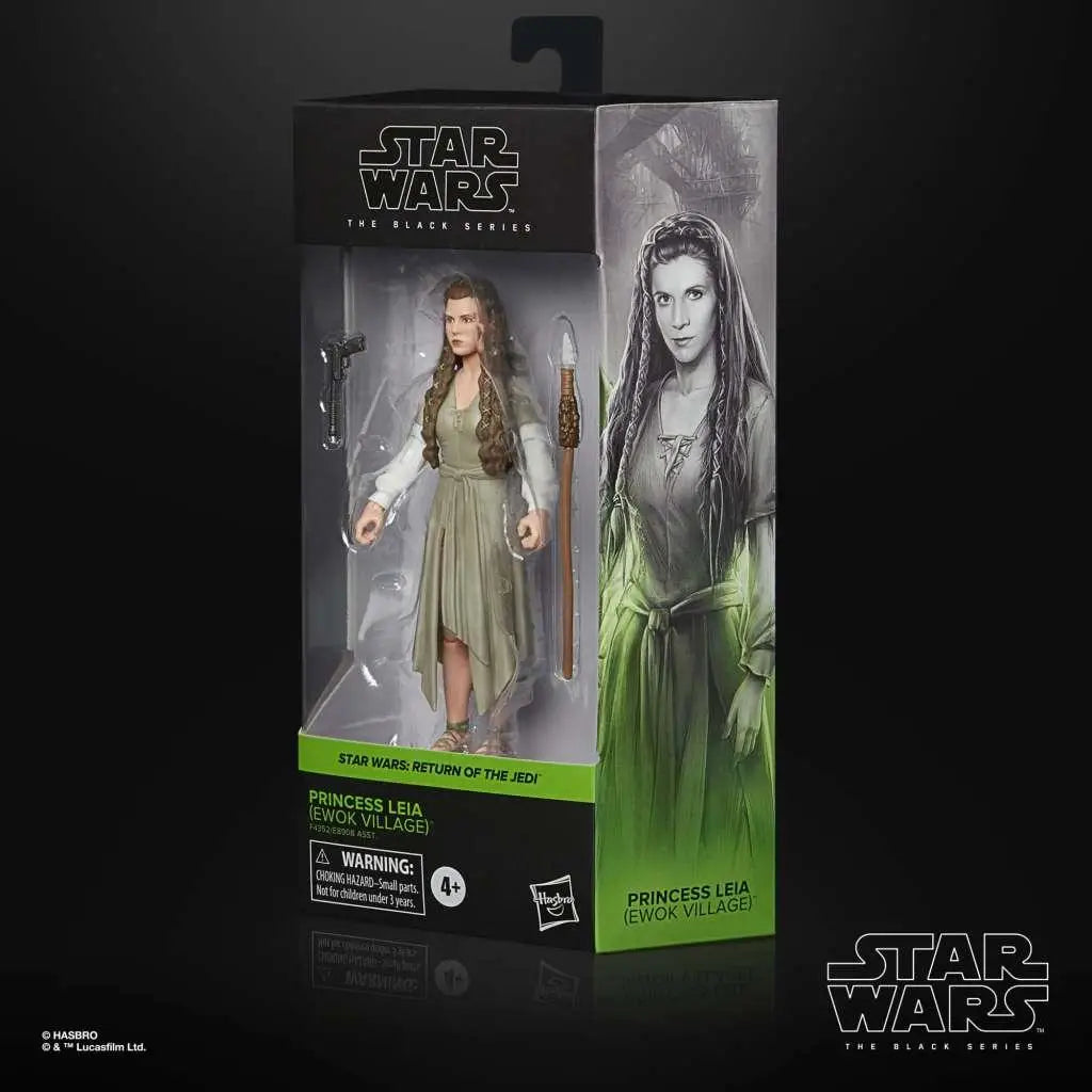 Prinsessan Leia actionfigur från Star Wars The Black Series i Ewok Village, med olivgrön klänning, långt brunt hår och stav