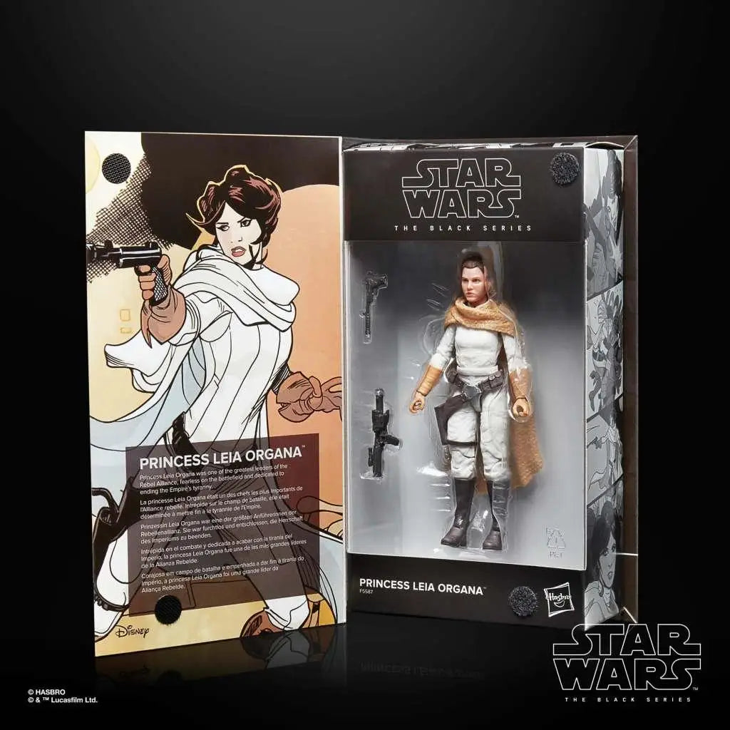 Star Wars Princess Leia Organa actionfigur i vit och brun outfit med svarta stövlar i Black Series-förpackning