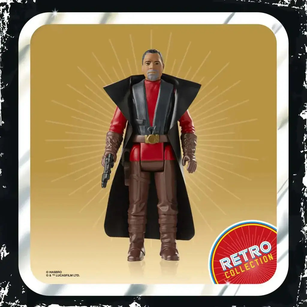 Star Wars Retro Collection Greef Karga-figur i svart och röd detaljerad kostym med bruna stövlar, handskar och bälte