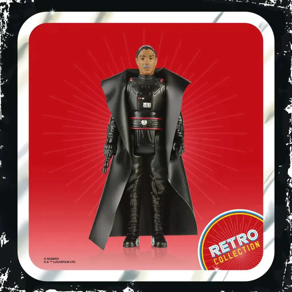 Svart plast Star Wars actionfigur Moff Gideon i lång mantel med röda accenter, retro-samling