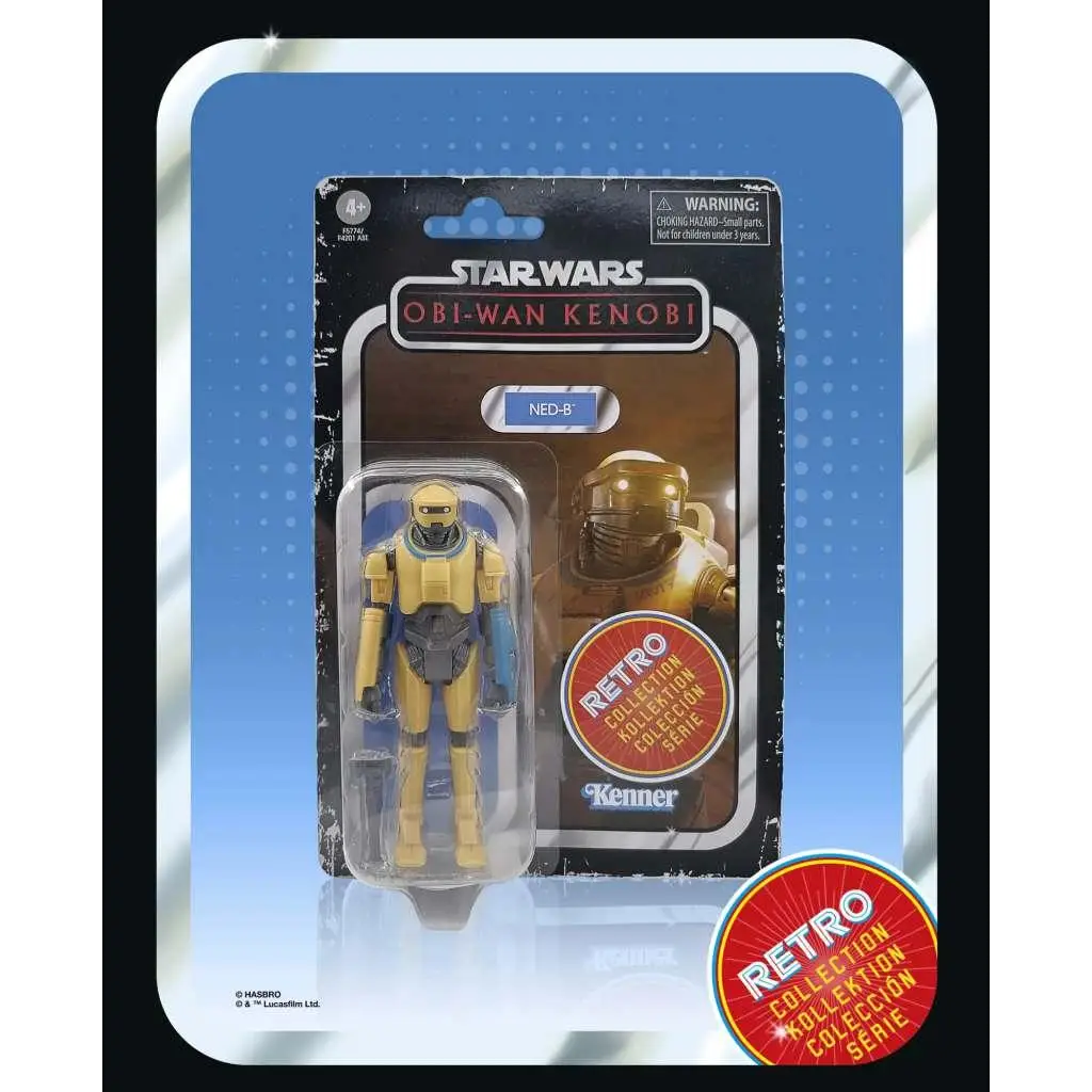 Gul och blå rustad Obi-Wan Kenobi actionfigur i retro Star Wars-förpackning