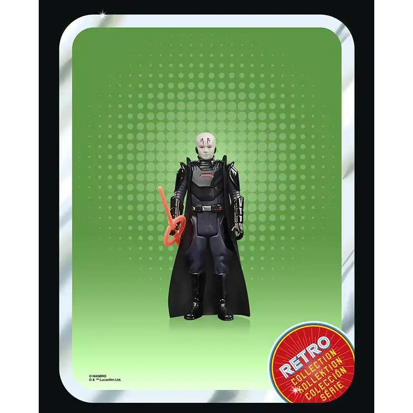 Svart och grå rustad Grand Inquisitor-figur med vit ansiktsmask och orange lightsaber-handtag från Star Wars Retro