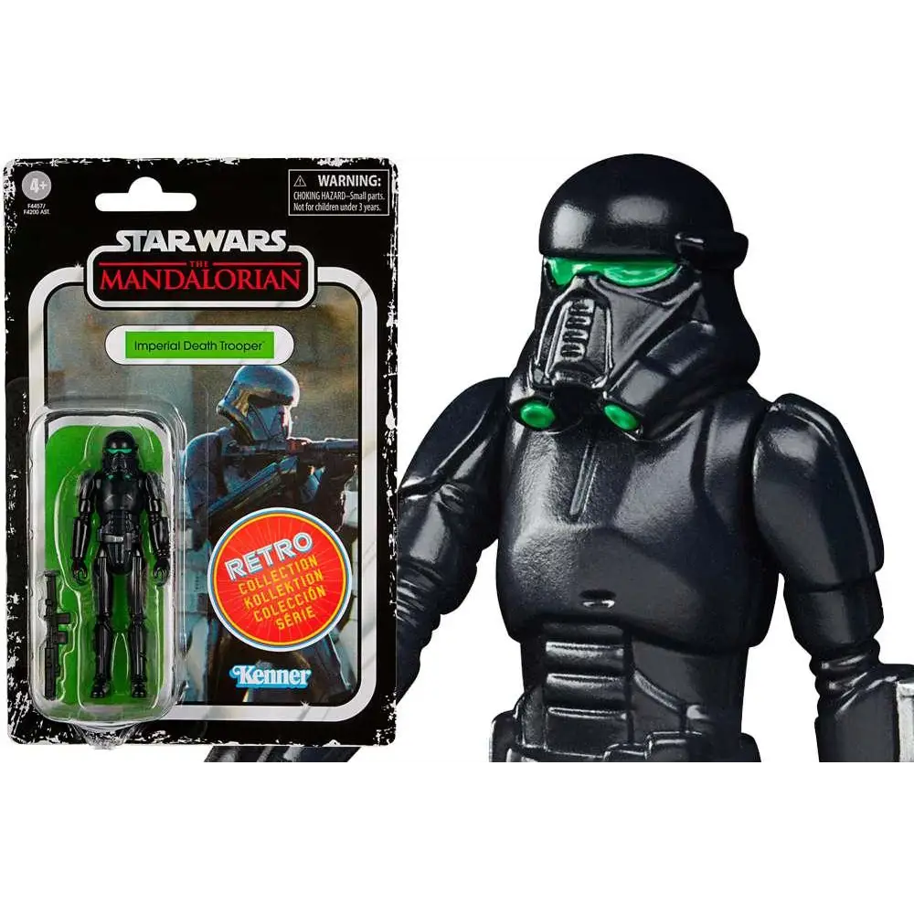 Svart imperial death trooper actionfigur med grön glödande visir från Star Wars Retro Collection