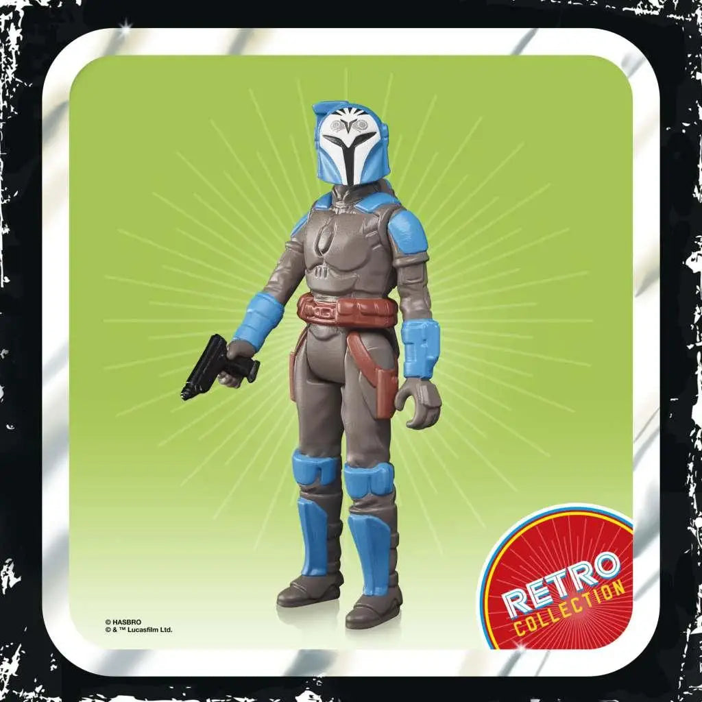 Blå och grå Mandalorian-figur Bo-Katan Kryze med vit mask och svart blaster