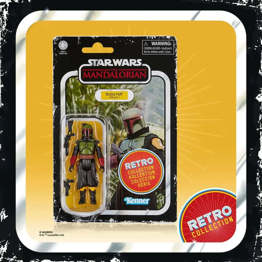 Retro Mandalorian Boba Fett i grön och svart rustning, rödhandskad, i Star Wars-blisterförpackning