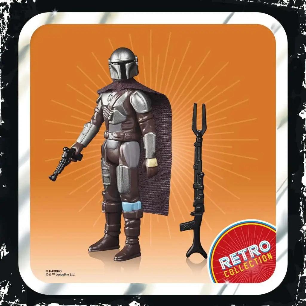 Svärdsvart Mandalorian-actionfigur med beskar-rustning och texturerad mantel