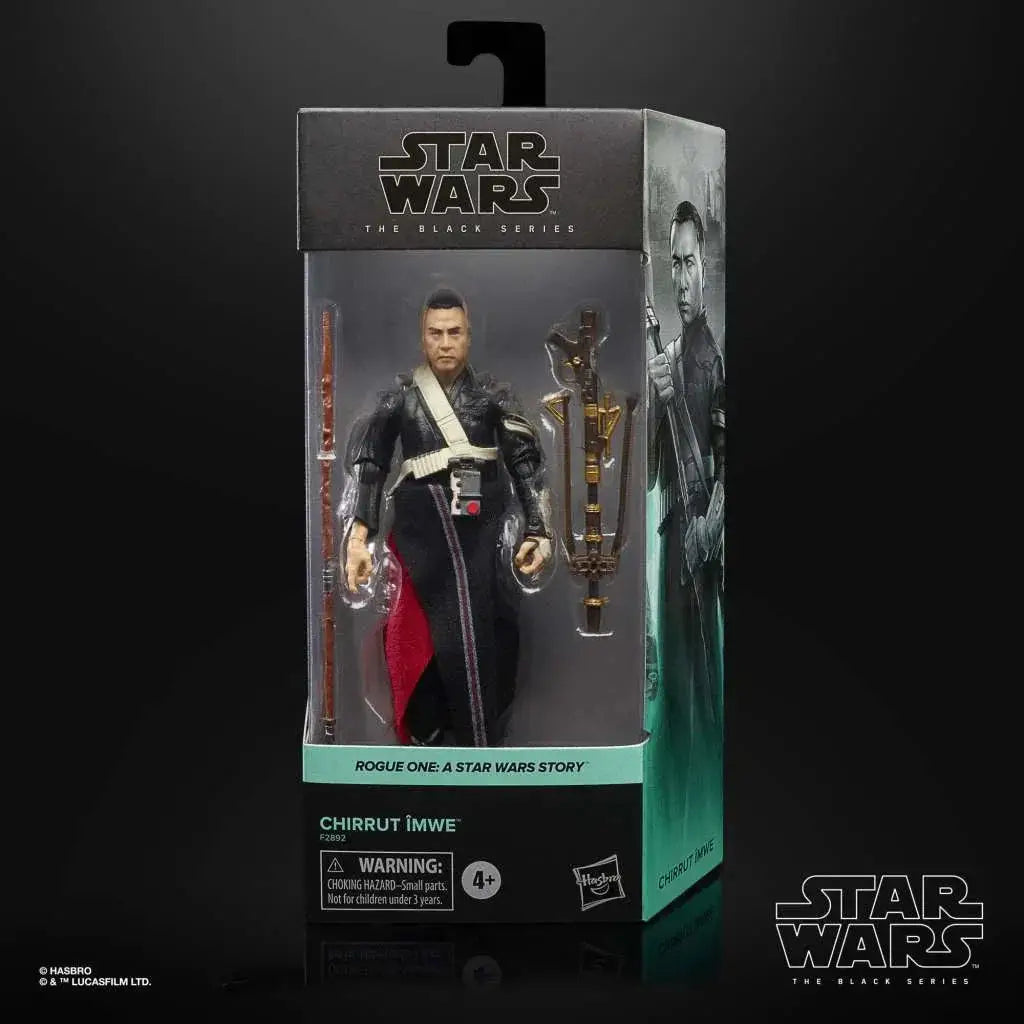 Chirrut Îmwe deluxe actionfigur i svart och röd rustning, Hasbro Black Series-förpackning