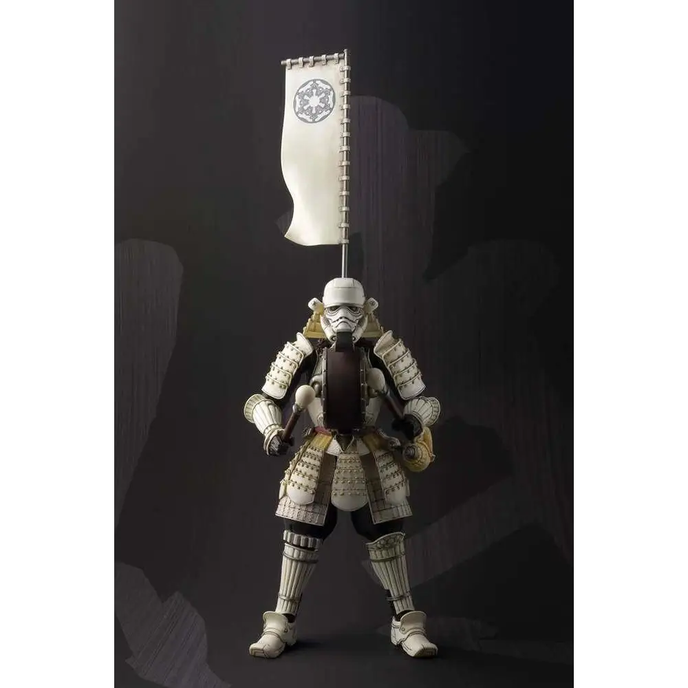 Vit samurajklädd stormtrooper i vitt och guld med imperiell flagga