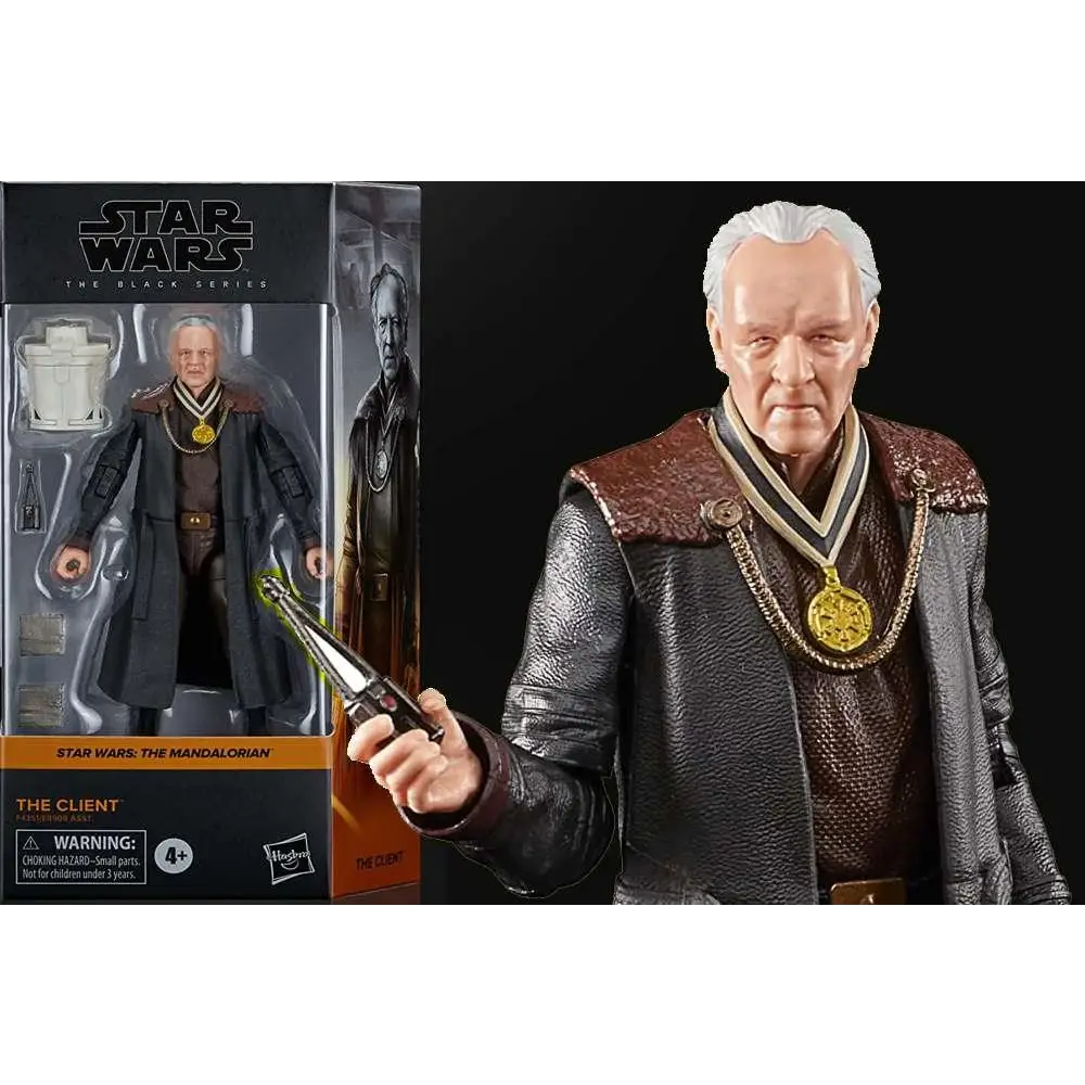 Svart och brun lädertexturerad mantel med guldmedaljong för Mandalorian The Client-figur från Hasbros Black Series