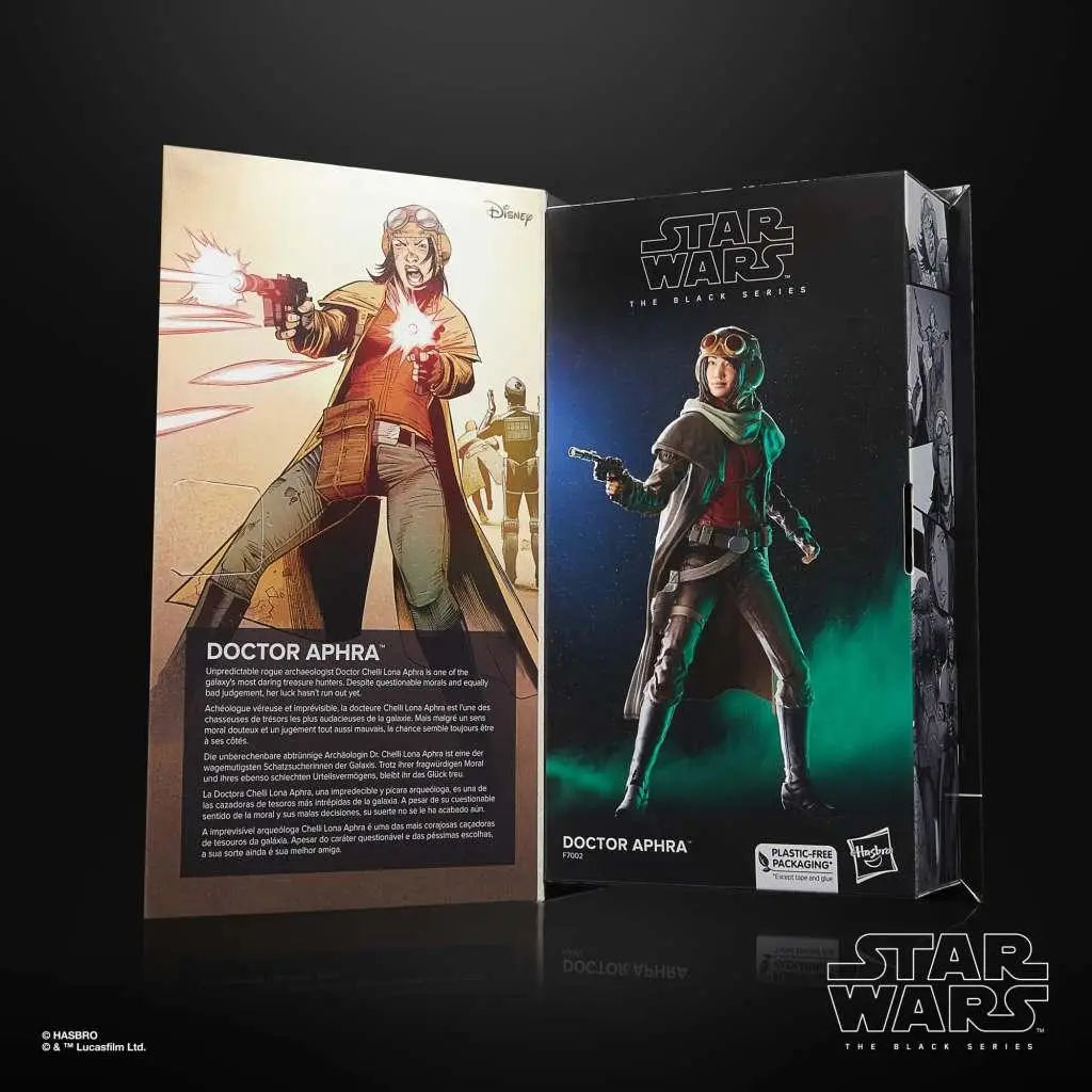 Star Wars The Black Series Doctor Aphra actionfigur i svart och grön kostym med goggles i förpackning