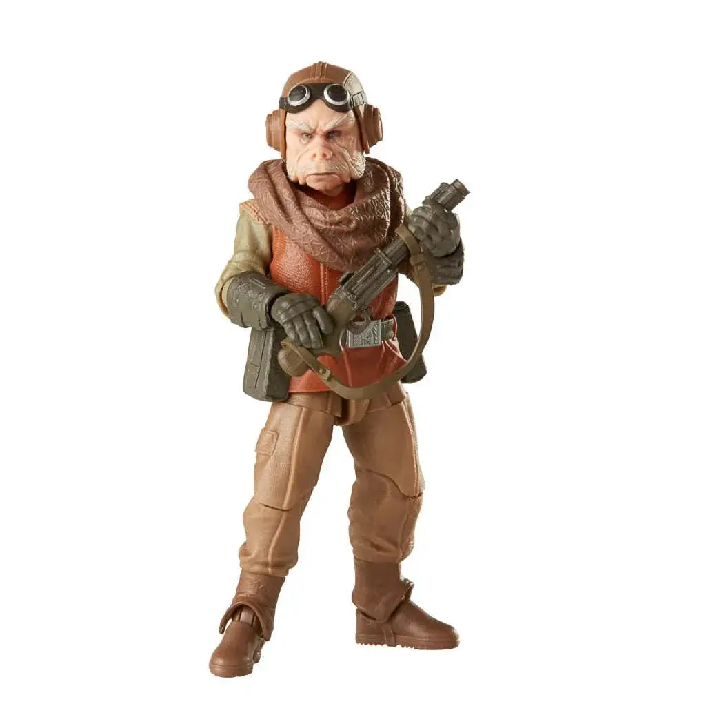 Kuiil actionfigur från Star Wars The Black Series, brun och tan rustning med glasögon, scarf och blasterpistol
