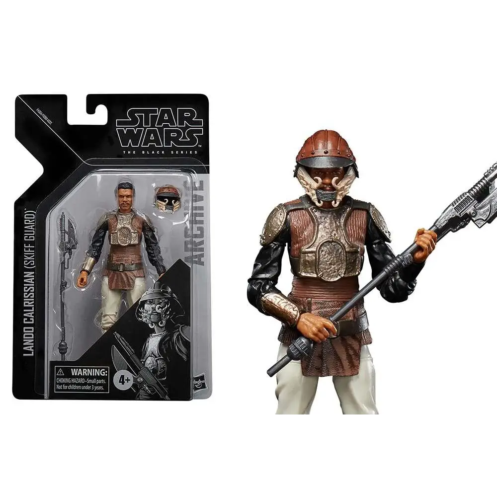 Lando Calrissian skiffvakt actionfigur i brun och svart rustning med silverdetaljer och blastergevär