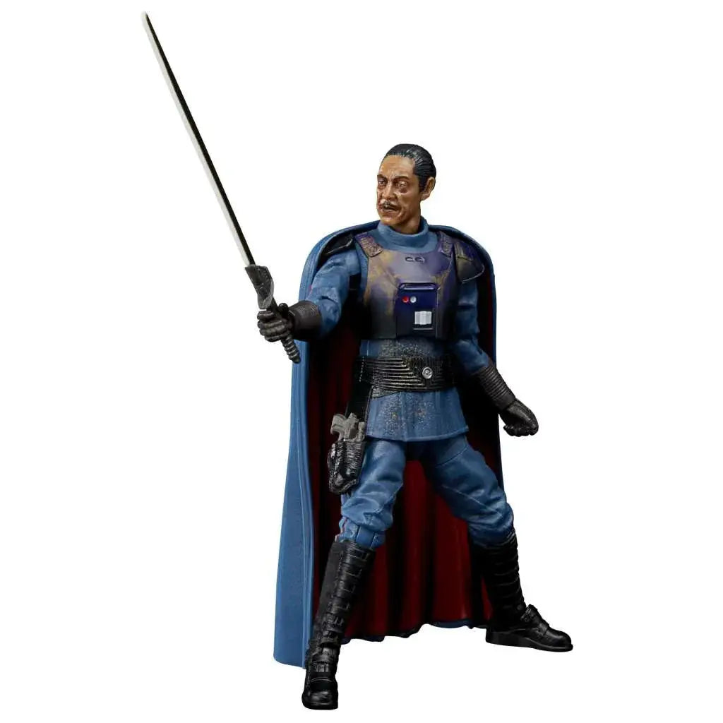 Svart och blå rustad Moff Gideon actionfigur med röd mantel och ljussabel
