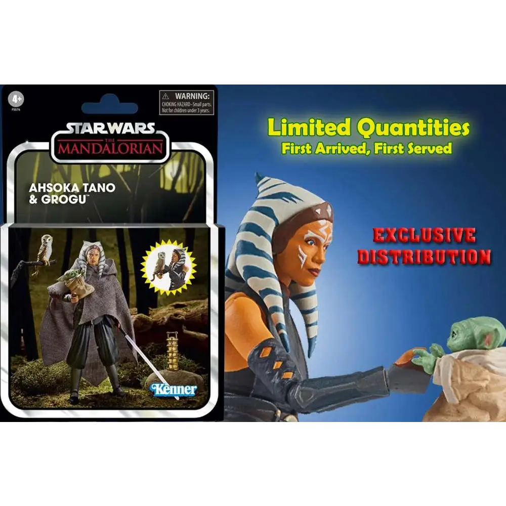 Vintage Star Wars Ahsoka Tano och Grogu actionfigurer i förpackning