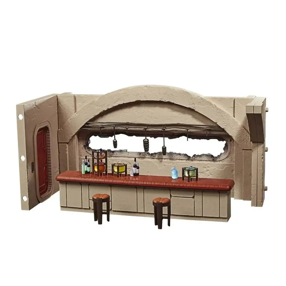 Beige plast Star Wars Hutt-bar med röd bänk och två bruna pallar i Vintage Cantina Shootout-diorama