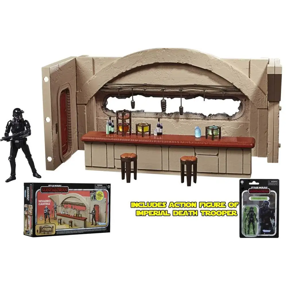 Star Wars Vintage Cantina Shootout Diorama med Mandalorian-bar, röd bänk och Death Trooper