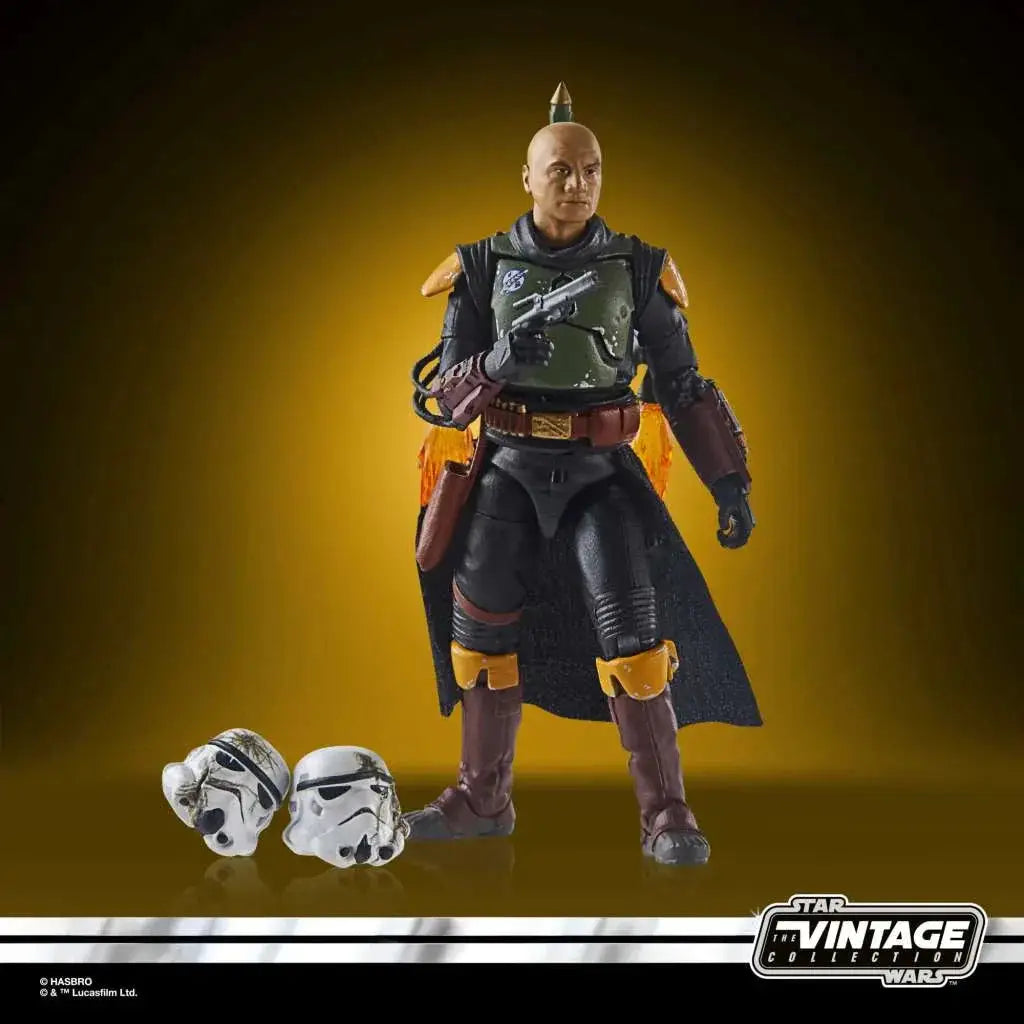 Svart och grön rustad Star Wars Boba Fett actionfigur med mohawk och gula accenter från Tatooine