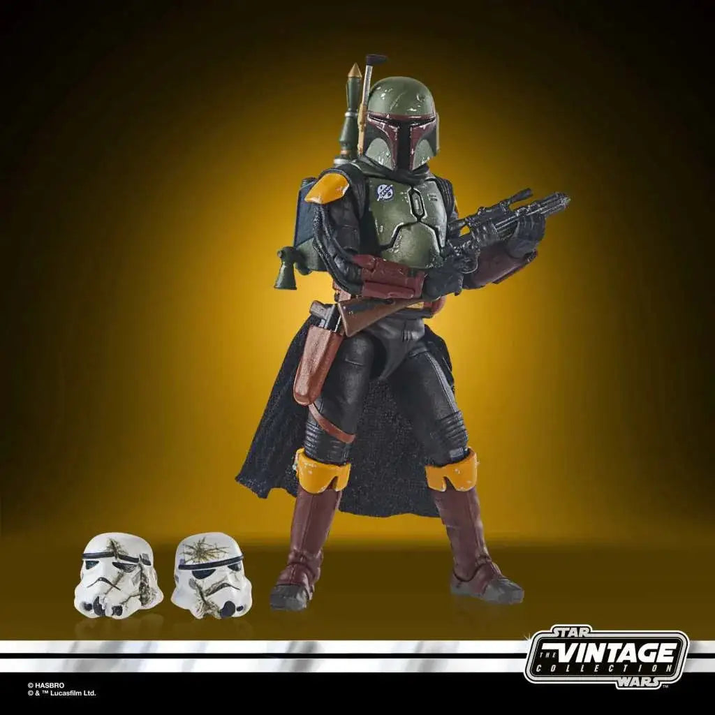 Boba Fett actionfigur i grön svart rustning med gul detaljer, blaster och jetpack