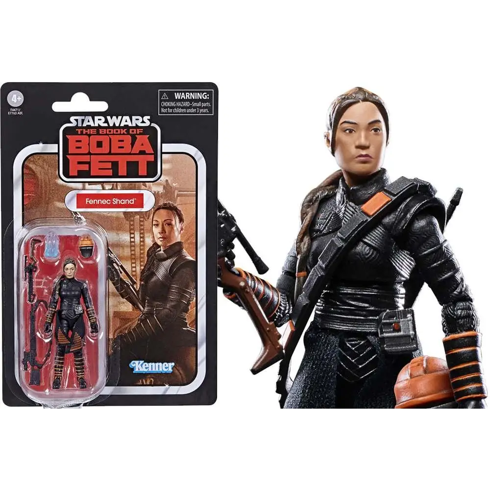 Svart och orange rustad actionfigur av Fennec Shand från Star Wars