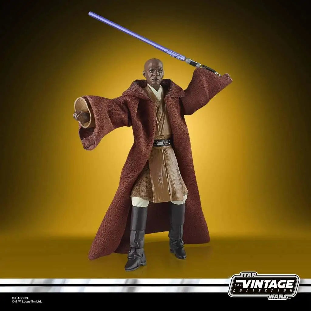Vintage Mace Windu actionfigur med blå ljussabel i röd mantel