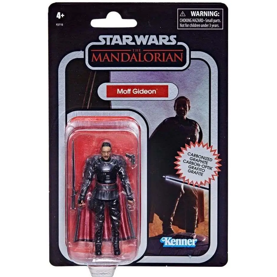 Vintage Star Wars Moff Gideon actionfigur i svart kolgrafit med röd blisterförpackning