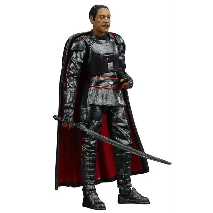 Star Wars vintage Moff Gideon actionfigur i svart rustning med röd foder på mantel och bälte, håller svärd