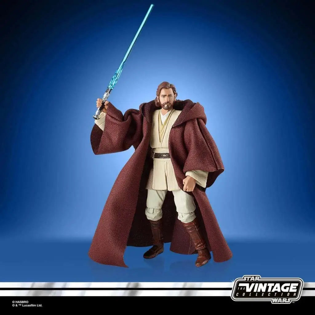 Vintage Obi-Wan Kenobi-figur med brun texturerad mantel, beige underkläder, bruna stövlar och blå ljussabel
