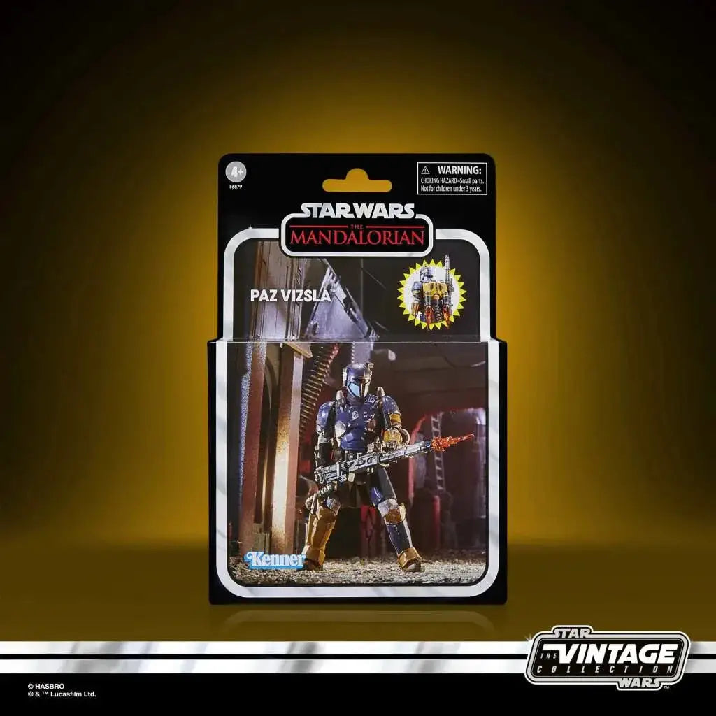 Blå och guld rustade Paz Vizsla actionfigur från Star Wars: The Mandalorian i vintage-kortförpackning