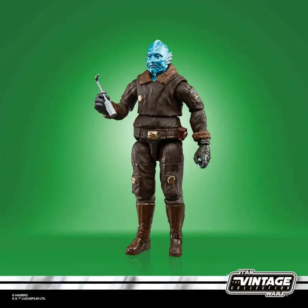 Blåhudad mythrol actionfigur från Star Wars Vintage i brun flygdress med silververktyg