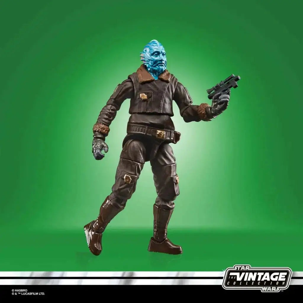 Blåhudad Mythrol-actionfigur i brun taktisk outfit med blaster från Star Wars Vintage Collection