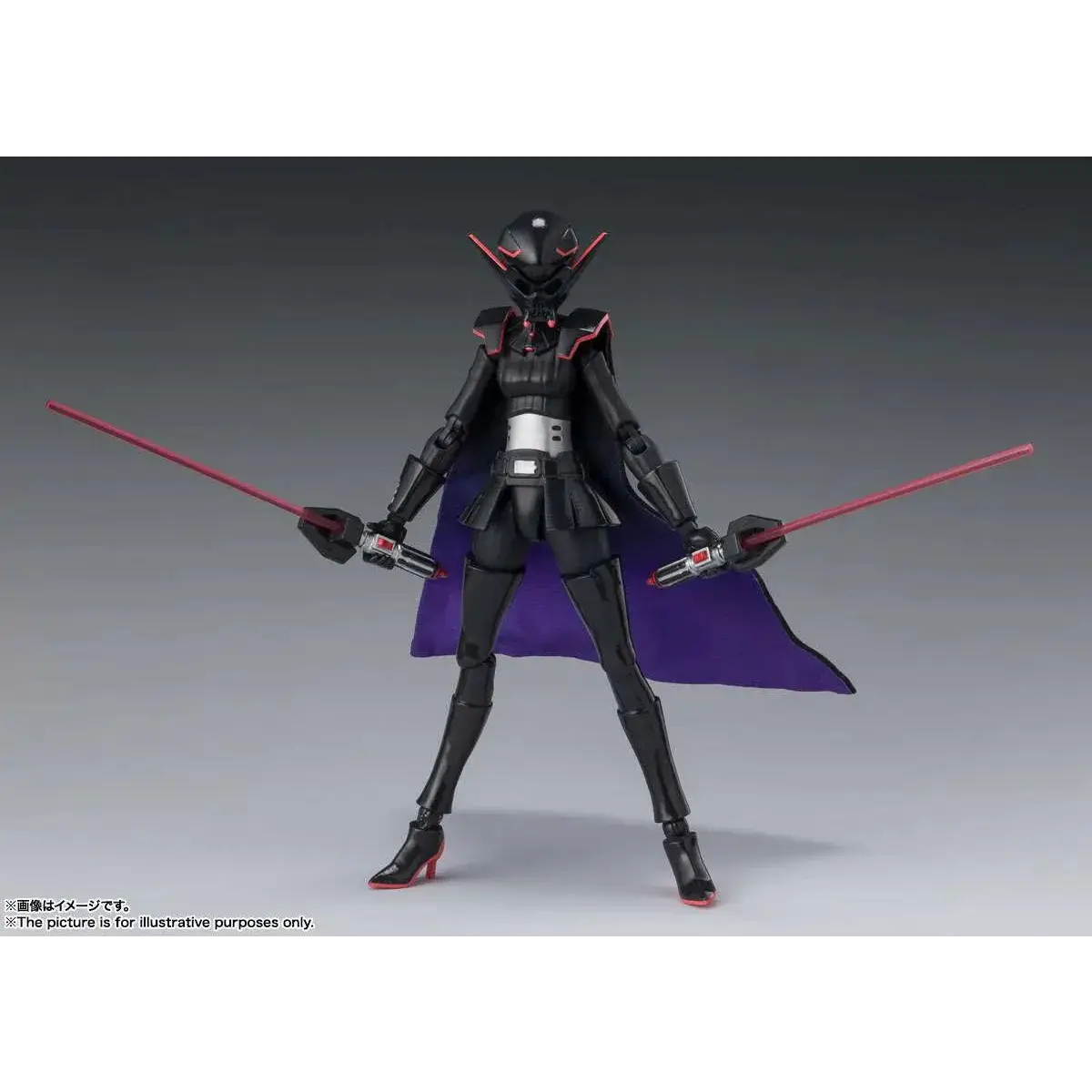 Svart och röd rustad figur med lila mantel och två röda lightsabrar, Star Wars Vision S.H. Figuarts